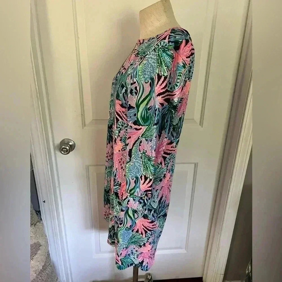Lilly Pulitzer Linden Dress Blue Pink Ocean Print Seahorse Coral Reef 3/4 Sleeve - Picture 4 of 4